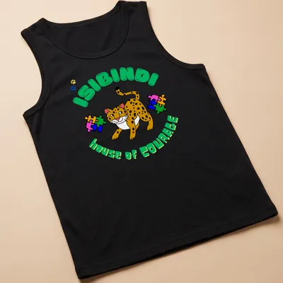 Colorful cartoon leopard design with 'ISIBINDI house of COURAGE' text — printed on a tank top