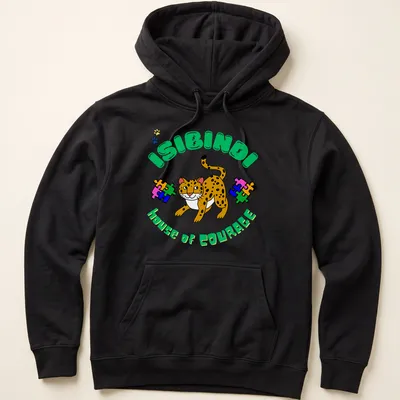 Colorful cartoon leopard design with 'ISIBINDI house of COURAGE' text — printed on a unisex hoodie