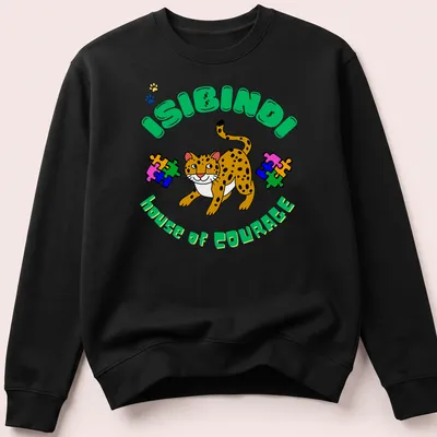 Colorful cartoon leopard design with 'ISIBINDI house of COURAGE' text — printed on a unisex sweatshirt