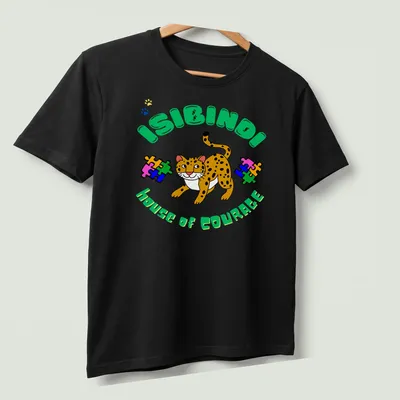 Colorful cartoon leopard design with 'ISIBINDI house of COURAGE' text — printed on a unisex t-shirt (angled view)