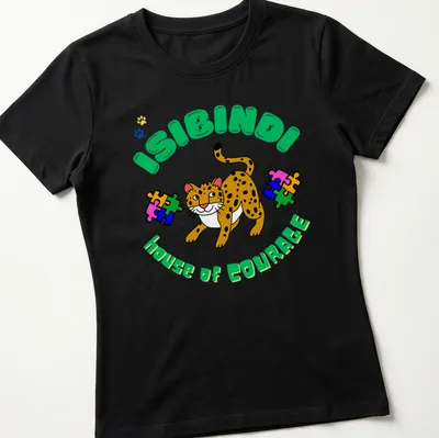 Colorful cartoon leopard design with 'ISIBINDI house of COURAGE' text — printed on a women's shirt