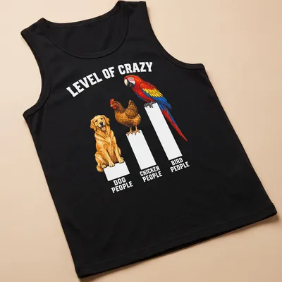 Detailed illustration of a Golden Retriever, chicken, and macaw with colorful text. — printed on a tank top
