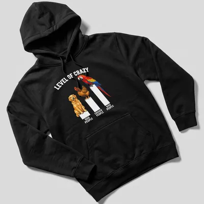 Detailed illustration of a Golden Retriever, chicken, and macaw with colorful text. — printed on a unisex hoodie