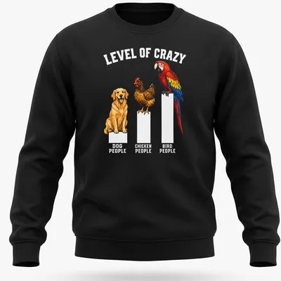 Detailed illustration of a Golden Retriever, chicken, and macaw with colorful text. — printed on a unisex sweatshirt