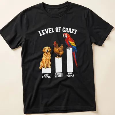 Detailed illustration of a Golden Retriever, chicken, and macaw with colorful text.