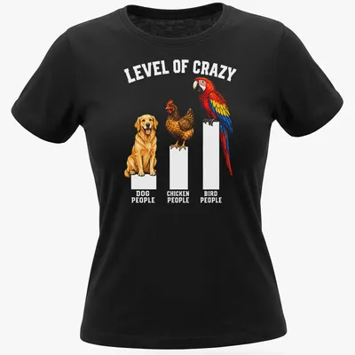 Detailed illustration of a Golden Retriever, chicken, and macaw with colorful text. — printed on a women's shirt