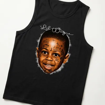 Realistic illustration of Lil Wayne with tattoos and text in brown and gold — printed on a tank top