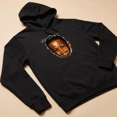 Realistic illustration of Lil Wayne with tattoos and text in brown and gold — printed on a unisex hoodie