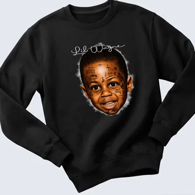 Realistic illustration of Lil Wayne with tattoos and text in brown and gold — printed on a unisex sweatshirt