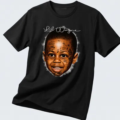 Realistic illustration of Lil Wayne with tattoos and text in brown and gold