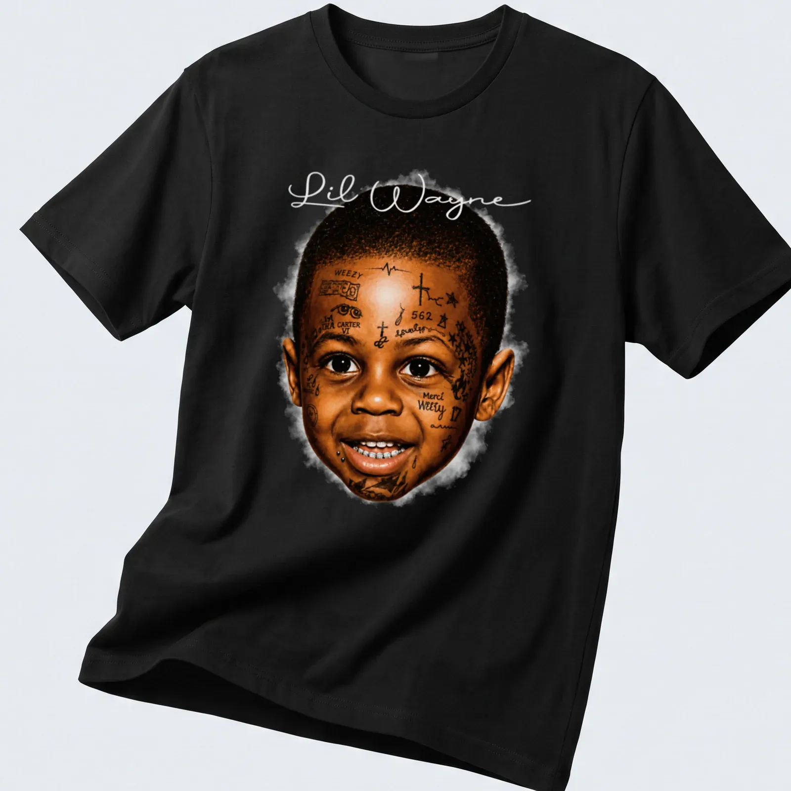 Realistic illustration of Lil Wayne with tattoos and text in brown and gold — printed on a unisex t-shirt