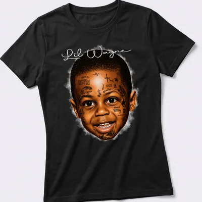 Realistic illustration of Lil Wayne with tattoos and text in brown and gold — printed on a women's shirt