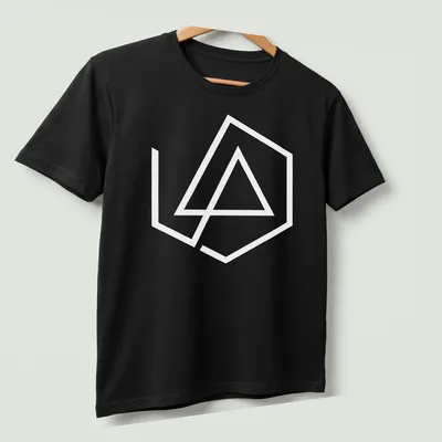Minimalist black and white Linkin Park logo on — printed on a unisex t-shirt (angled view)
