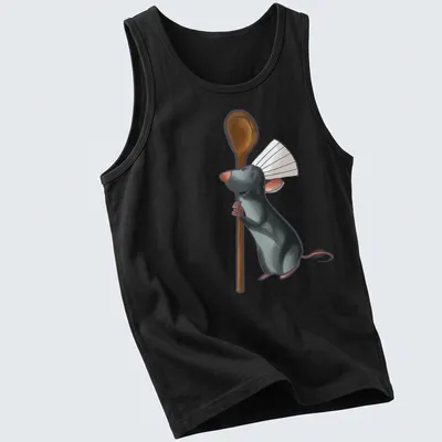 Cartoon chef rat with a whisk and spoon in gray and brown — printed on a tank top