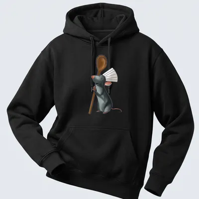 Cartoon chef rat with a whisk and spoon in gray and brown — printed on a unisex hoodie