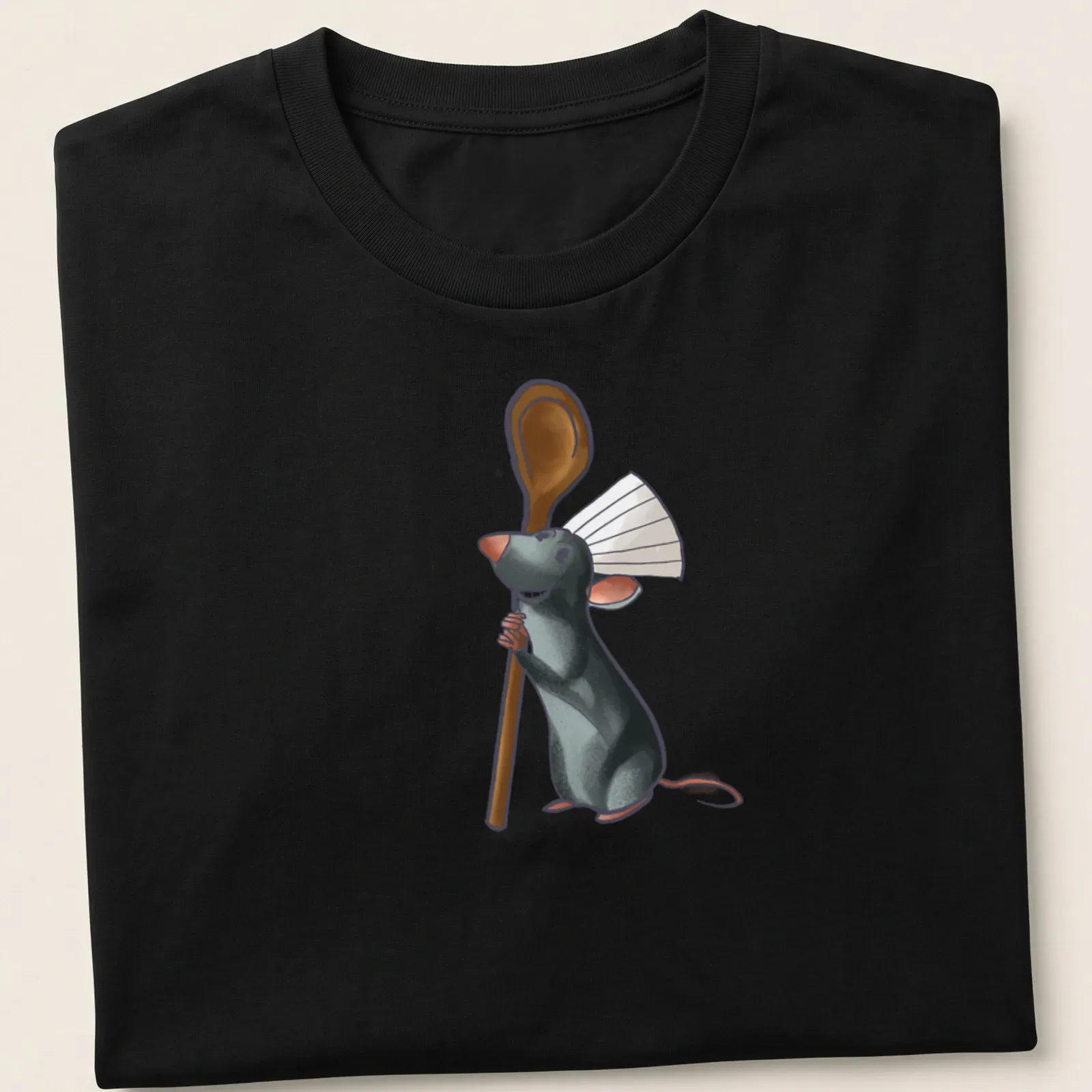 Cartoon chef rat with a whisk and spoon in gray and brown — printed on a unisex t-shirt