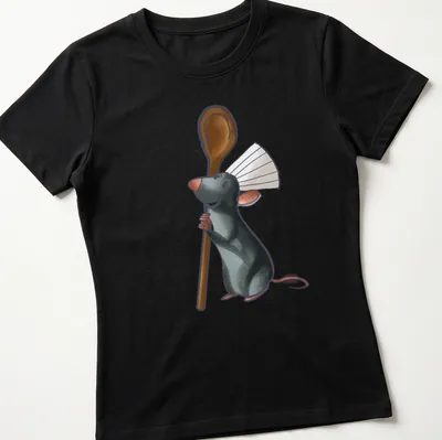 Cartoon chef rat with a whisk and spoon in gray and brown — printed on a women's shirt