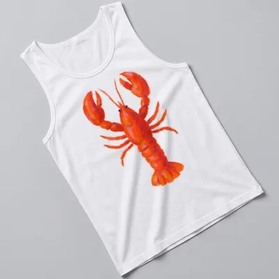 Colorful illustration of a lobster in red and orange tones — printed on a tank top