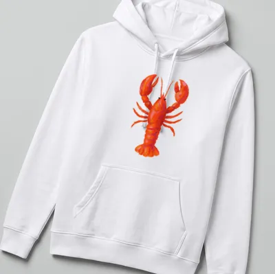 Colorful illustration of a lobster in red and orange tones — printed on a unisex hoodie