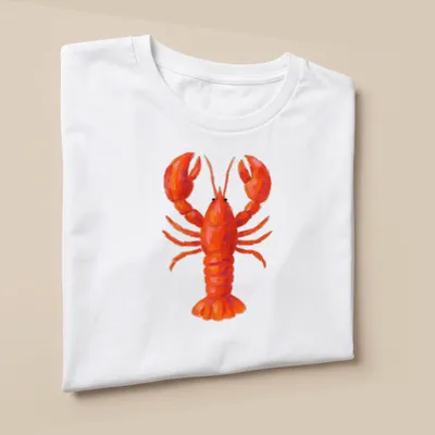 Colorful illustration of a lobster in red and orange tones — printed on a unisex t-shirt (angled view)