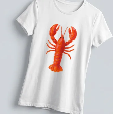 Colorful illustration of a lobster in red and orange tones — printed on a women's shirt