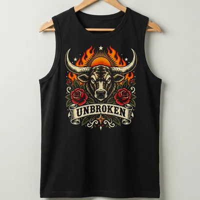 Vintage tattoo-style t-shirt featuring an unbroken Longhorn Bull in bold colors — printed on a tank top