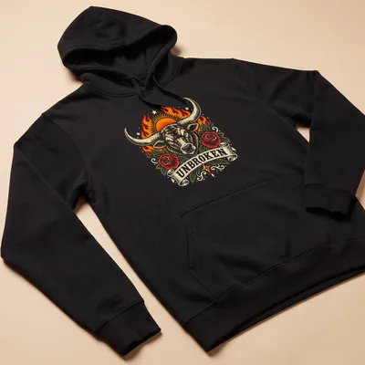 Vintage tattoo-style t-shirt featuring an unbroken Longhorn Bull in bold colors — printed on a unisex hoodie