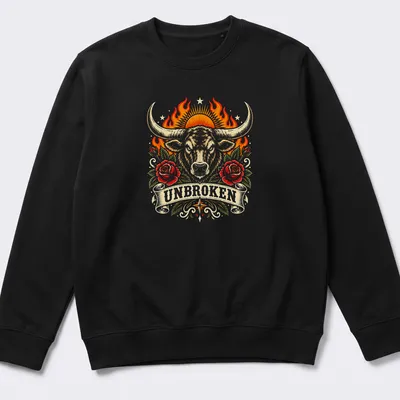 Vintage tattoo-style t-shirt featuring an unbroken Longhorn Bull in bold colors — printed on a unisex sweatshirt