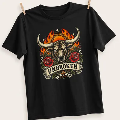 Vintage tattoo-style t-shirt featuring an unbroken Longhorn Bull in bold colors