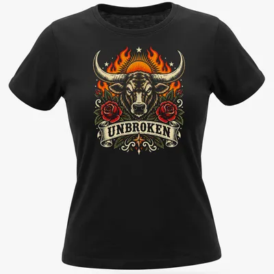 Vintage tattoo-style t-shirt featuring an unbroken Longhorn Bull in bold colors — printed on a women's shirt