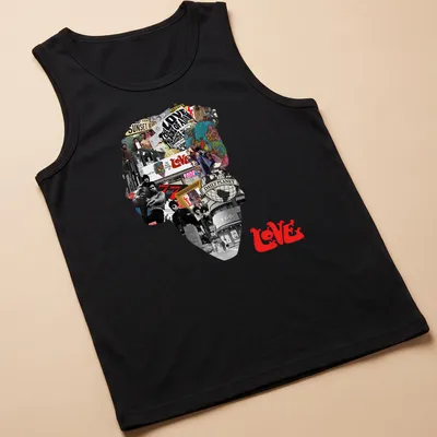 Vintage collage t-shirt featuring Arthur Lee with the word LOVE in bold letters. — printed on a tank top