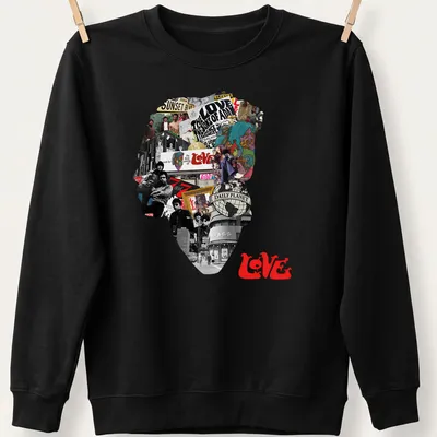 Vintage collage t-shirt featuring Arthur Lee with the word LOVE in bold letters. — printed on a unisex sweatshirt