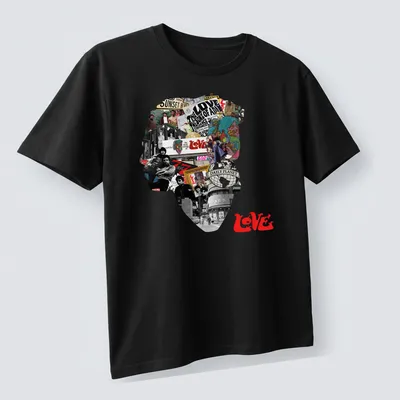 Vintage collage t-shirt featuring Arthur Lee with the word LOVE in bold letters. — printed on a unisex t-shirt (angled view)