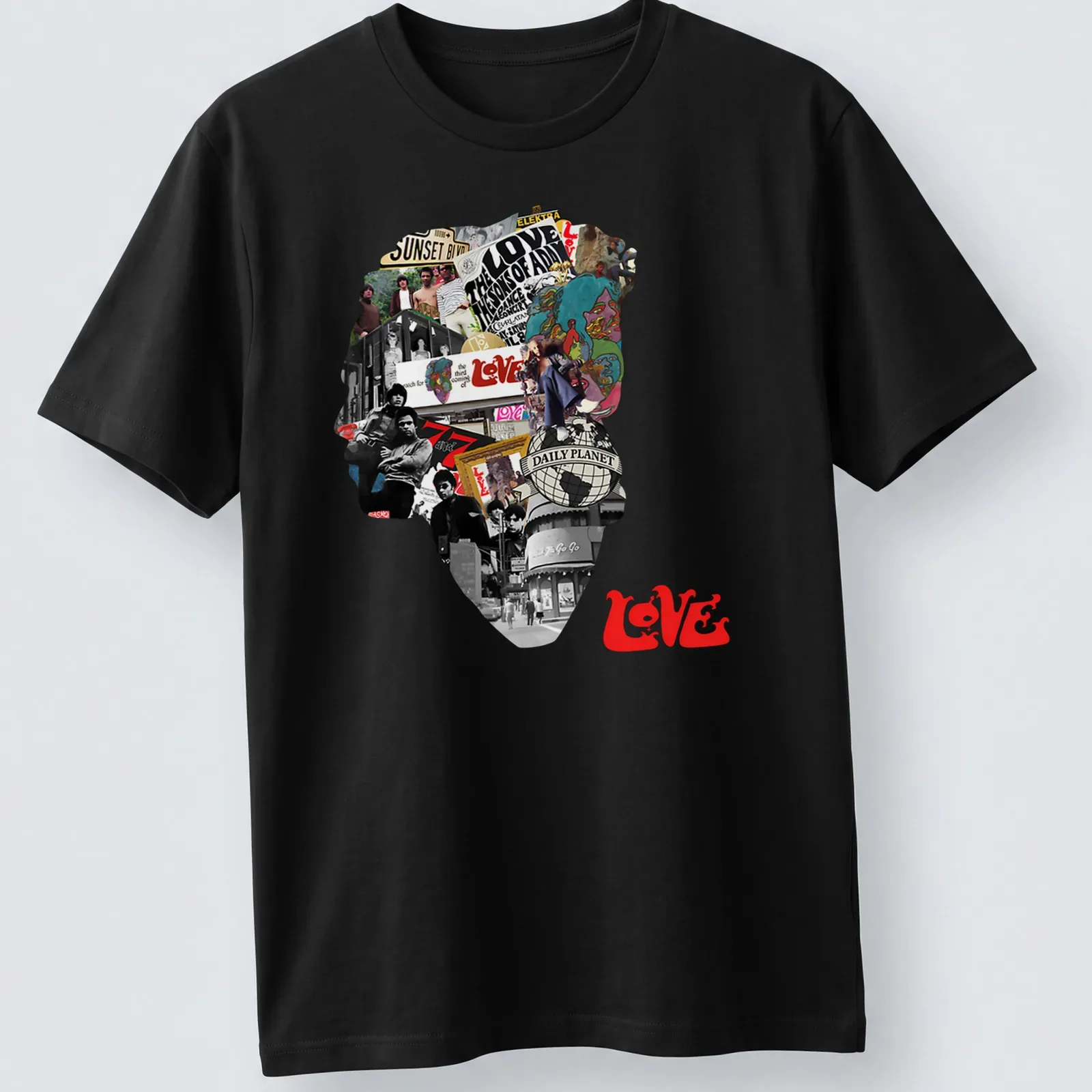 Vintage collage t-shirt featuring Arthur Lee with the word LOVE in bold letters. — printed on a unisex t-shirt