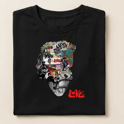 Vintage collage t-shirt featuring Arthur Lee with the word LOVE in bold letters. — printed on a women's shirt