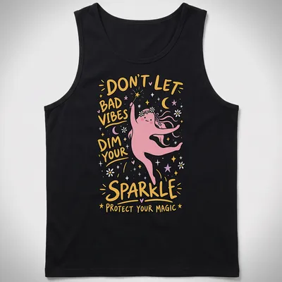 Playful cartoon t-shirt featuring a magic character with vibrant colors and positive text — printed on a tank top