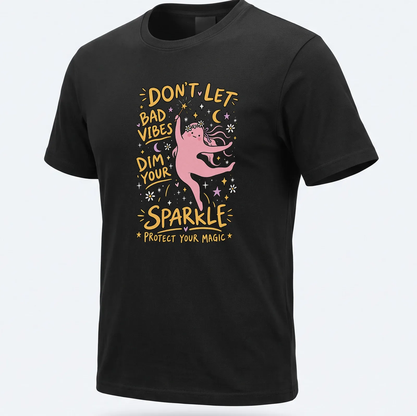 Playful cartoon t-shirt featuring a magic character with vibrant colors and positive text — printed on a unisex t-shirt