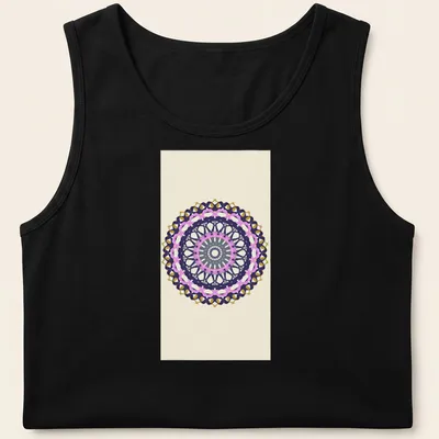 Geometric mandala design in purple, pink, gold, gray, and cream with the printed text 'O Mandala' — printed on a tank top