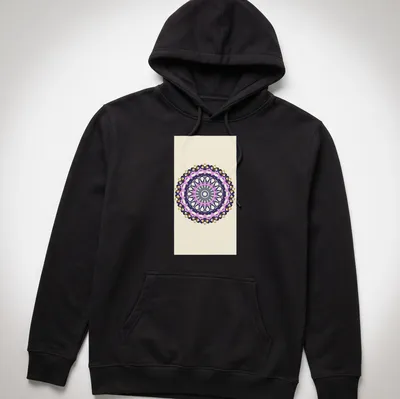 Geometric mandala design in purple, pink, gold, gray, and cream with the printed text 'O Mandala' — printed on a unisex hoodie