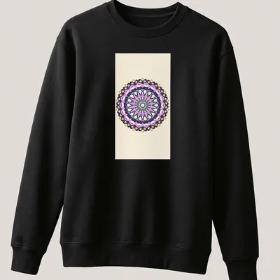 Geometric mandala design in purple, pink, gold, gray, and cream with the printed text 'O Mandala' — printed on a unisex sweatshirt