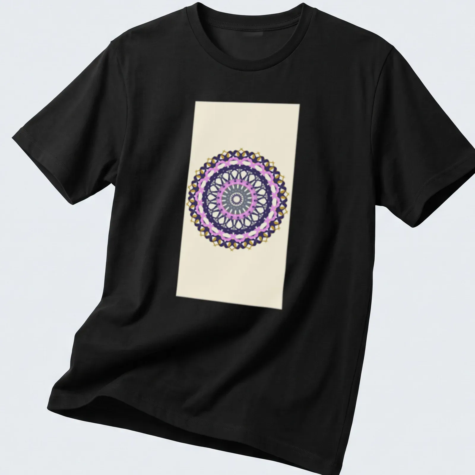 Geometric mandala design in purple, pink, gold, gray, and cream with the printed text 'O Mandala' — printed on a unisex t-shirt