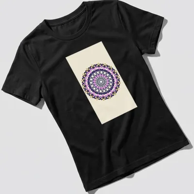 Geometric mandala design in purple, pink, gold, gray, and cream with the printed text 'O Mandala' — printed on a women's shirt