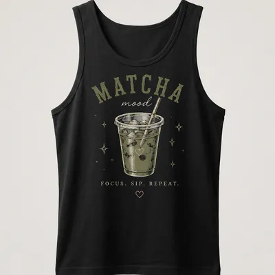 Retro graphic tee featuring matcha drink with the text 'MATCHA mood FOCUS. SIP. REPEAT.' — printed on a tank top