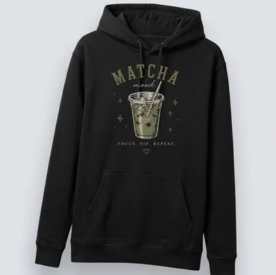 Retro graphic tee featuring matcha drink with the text 'MATCHA mood FOCUS. SIP. REPEAT.' — printed on a unisex hoodie