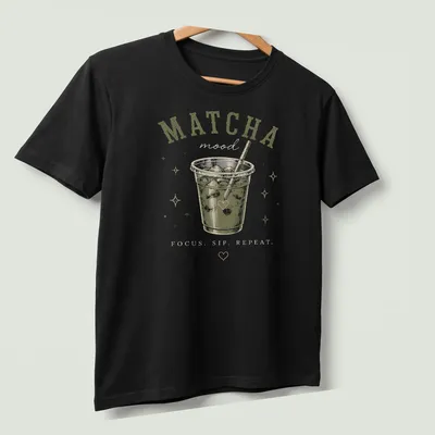 Retro graphic tee featuring matcha drink with the text 'MATCHA mood FOCUS. SIP. REPEAT.' — printed on a unisex t-shirt (angled view)
