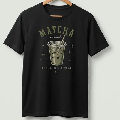 Retro graphic tee featuring matcha drink with the text 'MATCHA mood FOCUS. SIP. REPEAT.'