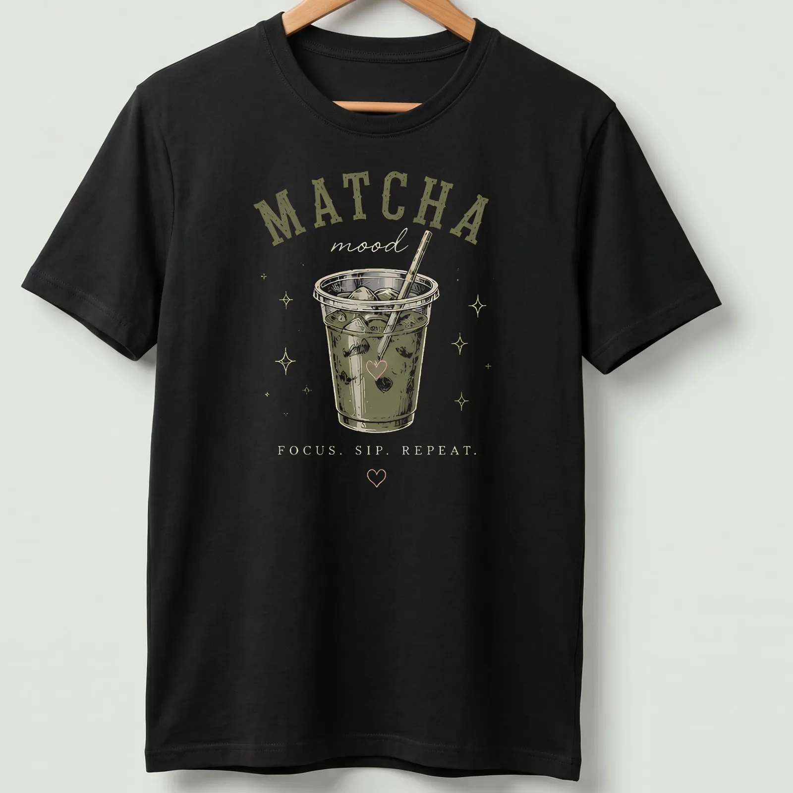 Retro graphic tee featuring matcha drink with the text 'MATCHA mood FOCUS. SIP. REPEAT.' — printed on a unisex t-shirt