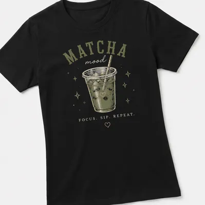 Retro graphic tee featuring matcha drink with the text 'MATCHA mood FOCUS. SIP. REPEAT.' — printed on a women's shirt