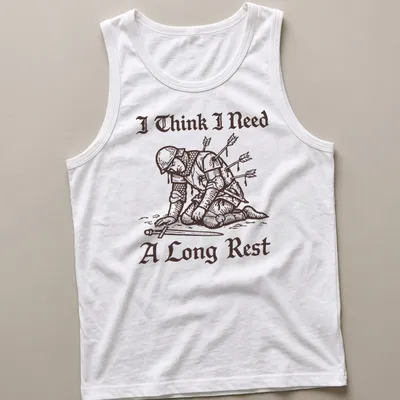 Vintage illustration of a tired Medieval knight with humorous text. — printed on a tank top