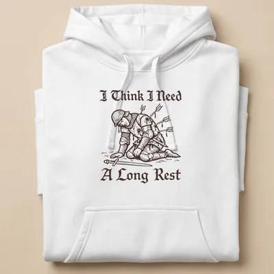 Vintage illustration of a tired Medieval knight with humorous text. — printed on a unisex hoodie